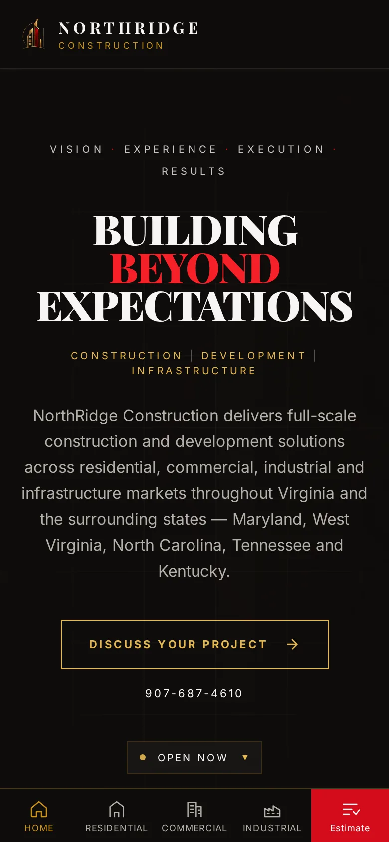 NorthRidge Construction website on a phone