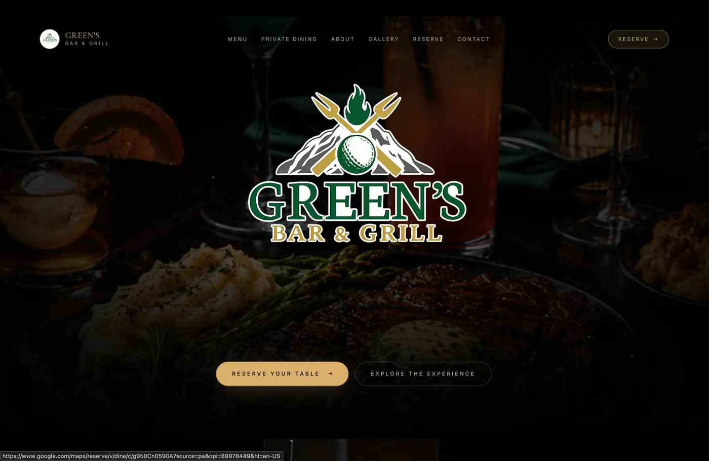 Green's Bar & Grill website on a laptop